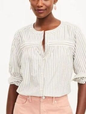 LOFT Cream and Gray Striped Button-Down Top With Gold Metalic Thread